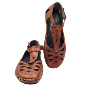 Rieker Mary Jane Brown Leather T Strap Cutout Rubber Sole Flats Women’s Size 39